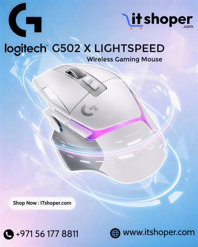 Logitech G502 X LIGHTSPEED wireless gaming mouse in white with RGB lighting on a modern blue and pur.jpg