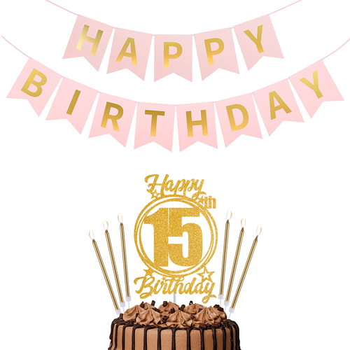 Happy Birthday 15th Candles Caketopper and Birthday Banner.png