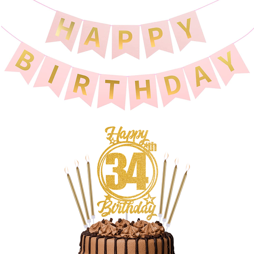 Happy Birthday 34th Candles Caketopper and Birthday Banner.png