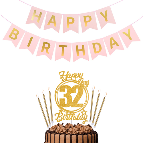 Happy Birthday 32nd Candles Caketopper and Birthday Banner.png