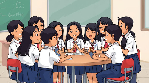 Buatkan gambar kartun anak anak OSISI SMP di Indonesia menggunakan seragam putih biru sedang rapat O.jpg