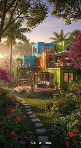 Beautiful container shed in tropical garden cinematic shot.jpg