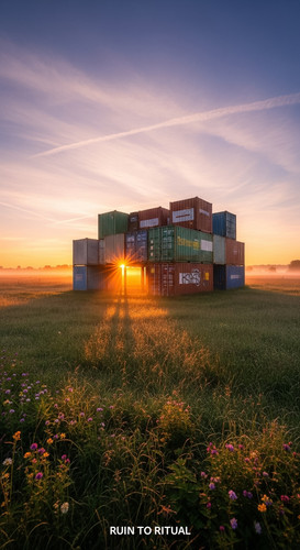Beautiful container shed in meadow cinematic sunrise.jpg