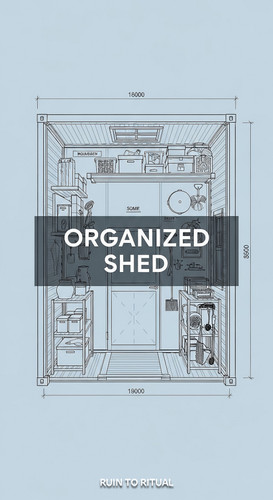 Container shed blueprint with storage racks text overlay Organized Shed.jpg