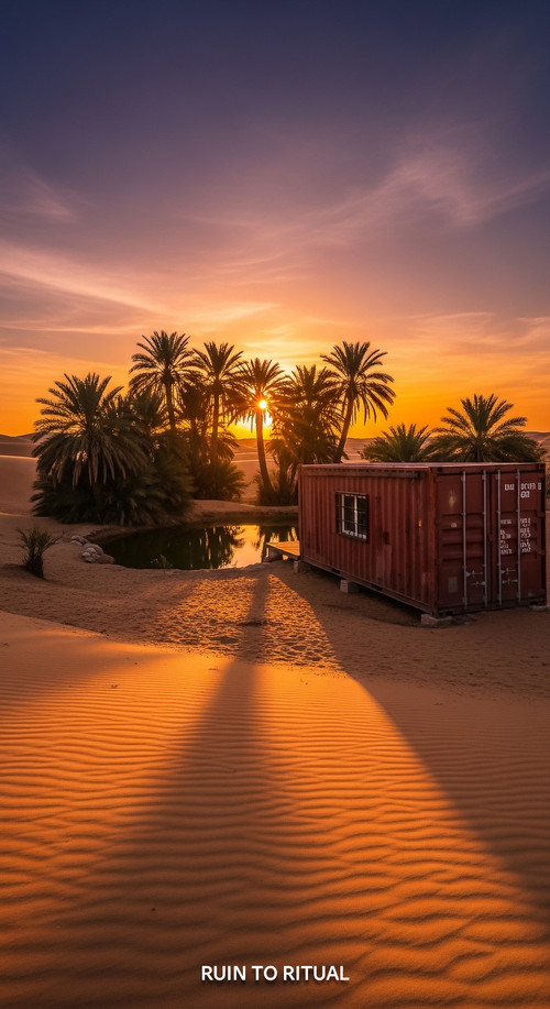 Vertical Pintereststyle image showing a container shed in desert oasis with cinematic sunset No text.jpg