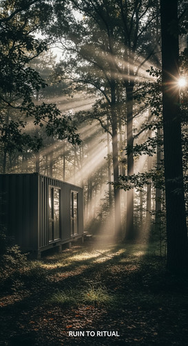 Vertical Pintereststyle image showing a container shed in forest clearing with cinematic atmosphere .jpg