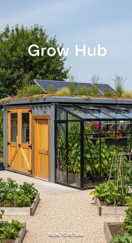 Vertical Pintereststyle image showing a container shed with greenhouse extension and eco roof Overla.jpg