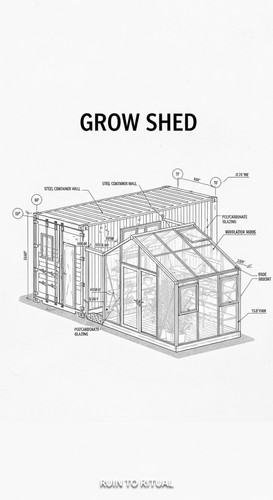 Vertical Pintereststyle image showing a container shed blueprint with greenhouse extension Overlay t.jpg