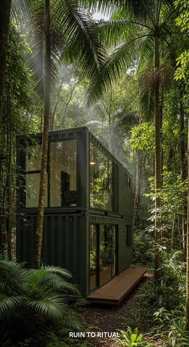 Vertical Pintereststyle image showing a container shed in tropical forest with cinematic daylight No.jpg
