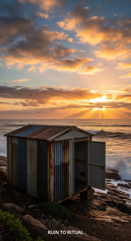 Vertical Pintereststyle image showing a container shed in coastal area with cinematic sunrise No tex.jpg