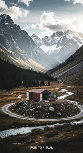 Vertical Pintereststyle image showing a container shed in mountain valley with cinematic wide shot N.jpg