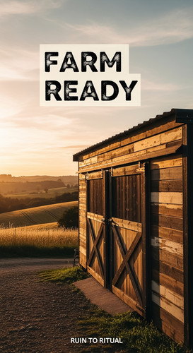 Vertical Pintereststyle image showing a rustic container shed with barn doors and timber siding Over.jpg