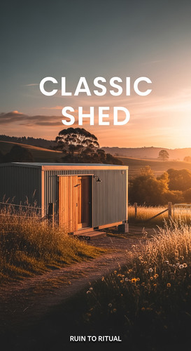 Vertical Pintereststyle image showing a rustic container shed with corrugated steel siding Overlay t.jpg
