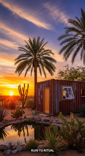 Vertical Pintereststyle image showing a container shed in desert oasis with cinematic sunset No text.jpg