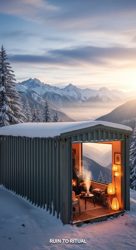 Vertical Pintereststyle image showing a container shed in snowy mountains with cozy cinematic lighti.jpg