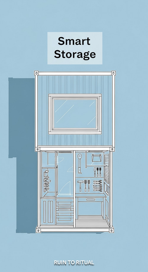 Vertical Pintereststyle image showing a minimalist container shed blueprint style with skylight and .jpg