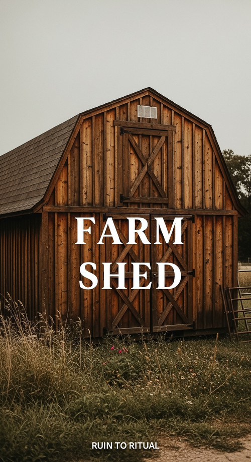 Vertical Pintereststyle image showing a rustic container shed with barnstyle roof and timber siding .jpg