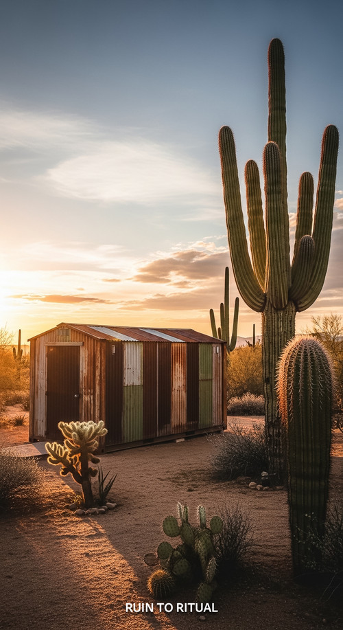 Vertical Pintereststyle image showing a container shed in desert landscape with cactus and warm suns.jpg