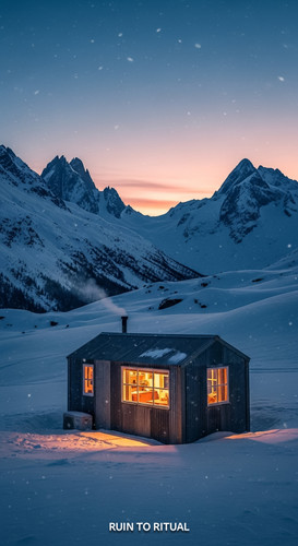Vertical Pintereststyle image showing a container shed in snowy mountains with cozy lighting and cin.jpg
