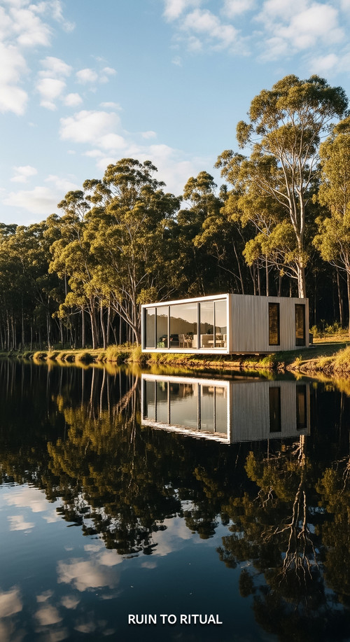 Vertical Pintereststyle image showing a modern container shed beside a lake with reflections on wate.jpg