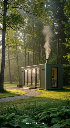 Vertical Pintereststyle image showing a beautiful container shed in a forest clearing with soft morn.jpg