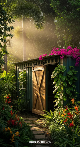 Vertical Pintereststyle image showing a container shed in tropical garden with cinematic daylight No.jpg