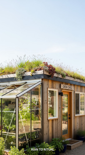 Vertical Pintereststyle image showing a container shed with greenhouse extension and eco roof Overla.jpg