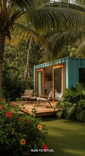 Vertical Pintereststyle image showing a stylish container shed in a tropical garden with palm trees .jpg