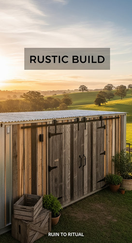 Vertical Pintereststyle image showing a rustic container shed with barn doors and timber siding Over.jpg