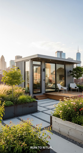 Modern container shed in city rooftop garden stylish look.jpg