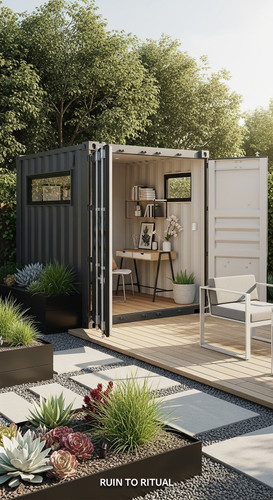 Modern container shed in backyard with modern landscaping.jpg