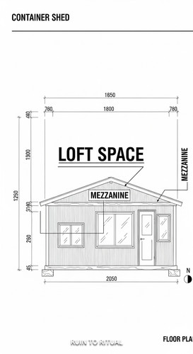 Container shed blueprint with mezzanine storage text overlay Loft Space.jpg