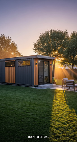 Modern container shed in suburban backyard cinematic lighting.jpg
