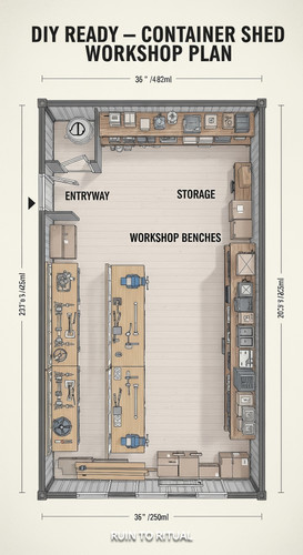 Container shed plan with workshop benches text overlay DIY Ready.jpg
