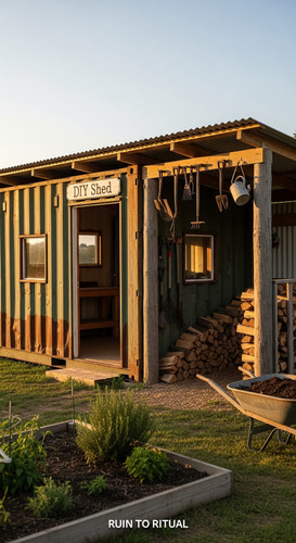 Container shed with rustic charm text overlay DIY Shed.jpg
