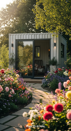 Stylish container shed in garden with flowers cinematic shot.jpg