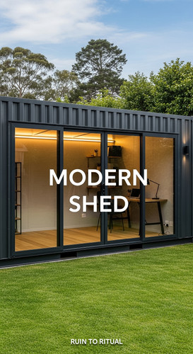 Container shed with sliding glass doors text overlay Modern Shed.jpg