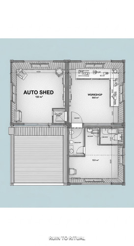 Container shed plan with garage layout text overlay Auto Shed.jpg