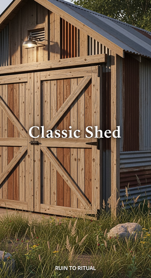 Vertical Pintereststyle image showing a rustic container shed with barn doors and corrugated steel O.jpg
