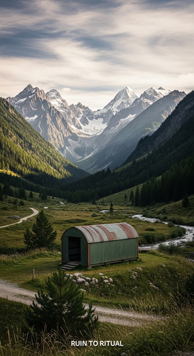 Vertical Pintereststyle image showing a container shed in mountain valley with cinematic wide shot N.jpg