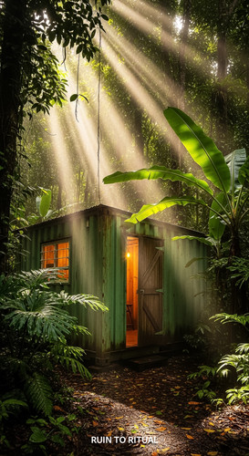 Vertical Pintereststyle image showing a container shed in tropical forest with cinematic lighting No.jpg