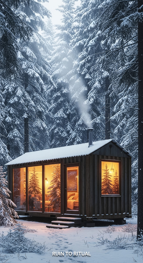 Vertical Pintereststyle image showing a container shed in snowy forest with cozy lighting No text ov.jpg