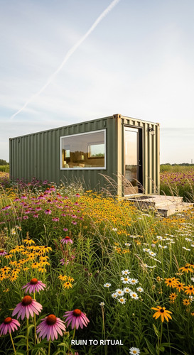 Vertical Pintereststyle image showing a container shed in meadow with wildflowers and soft daylight .jpg
