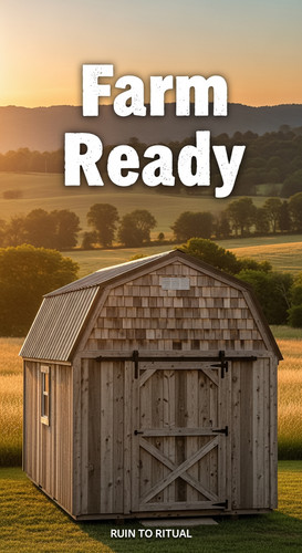 Vertical Pintereststyle image showing a container shed with barnstyle roof and rustic siding Overlay.jpg