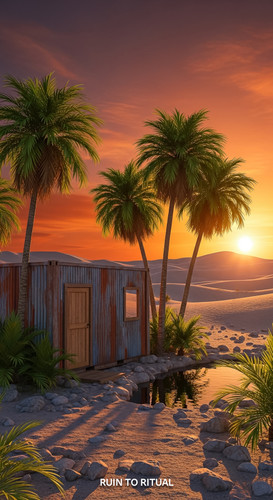 Vertical Pintereststyle image showing a container shed in desert oasis with cinematic sunset No text.jpg