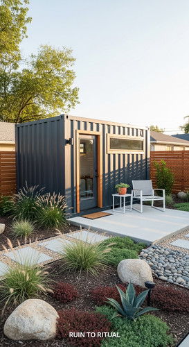 Vertical Pintereststyle image showing a container shed in suburban backyard with modern landscaping .jpg
