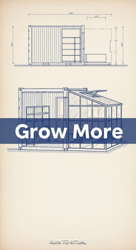 Vertical Pintereststyle image showing a container shed blueprint with greenhouse extension Overlay t.jpg