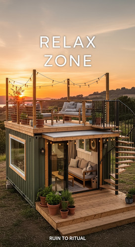 Vertical Pintereststyle image showing a container shed with rooftop deck and ecofriendly design Over.jpg