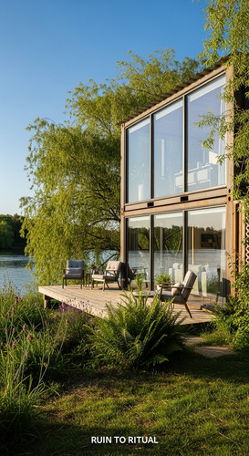 Beautiful container shed near river with lush greenery.jpg