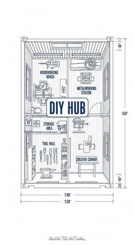 Container shed blueprint with workshop layout text overlay DIY Hub.jpg